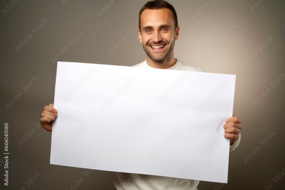 Handsome young man holding white sheet of paper on grey background Handsome young man holding white sheet of paper on grey background