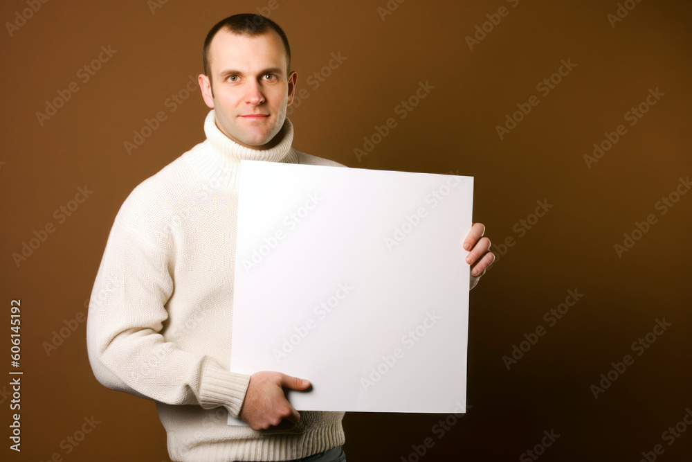 Young man with a white sheet of paper on a brown background. Young man with a white sheet of paper on a brown background.