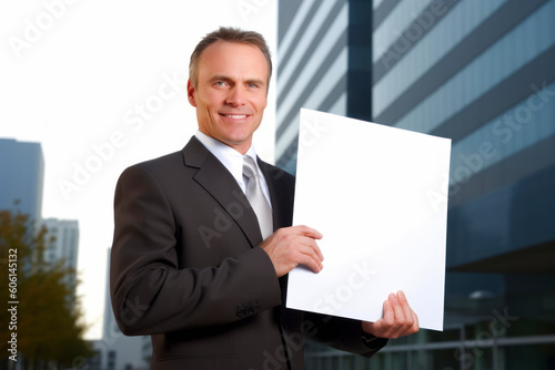 Portrait of a smiling businessman holding a blank sheet of paper outdoors