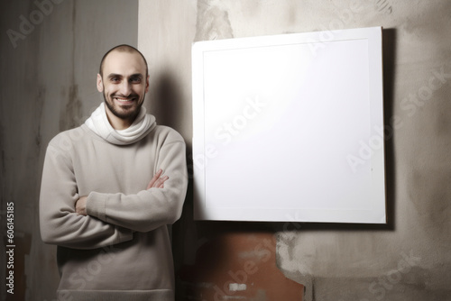 Young man in a room with an empty white poster on the wall