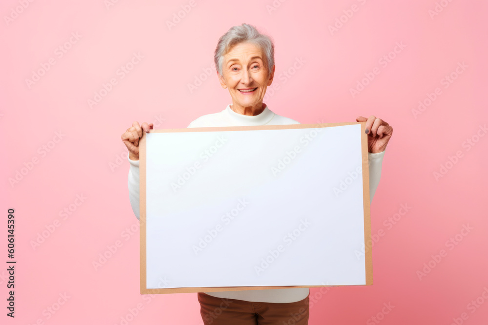Portrait of a happy senior woman holding blank board isolated over pink background Portrait of a happy senior woman holding blank board isolated over pink background