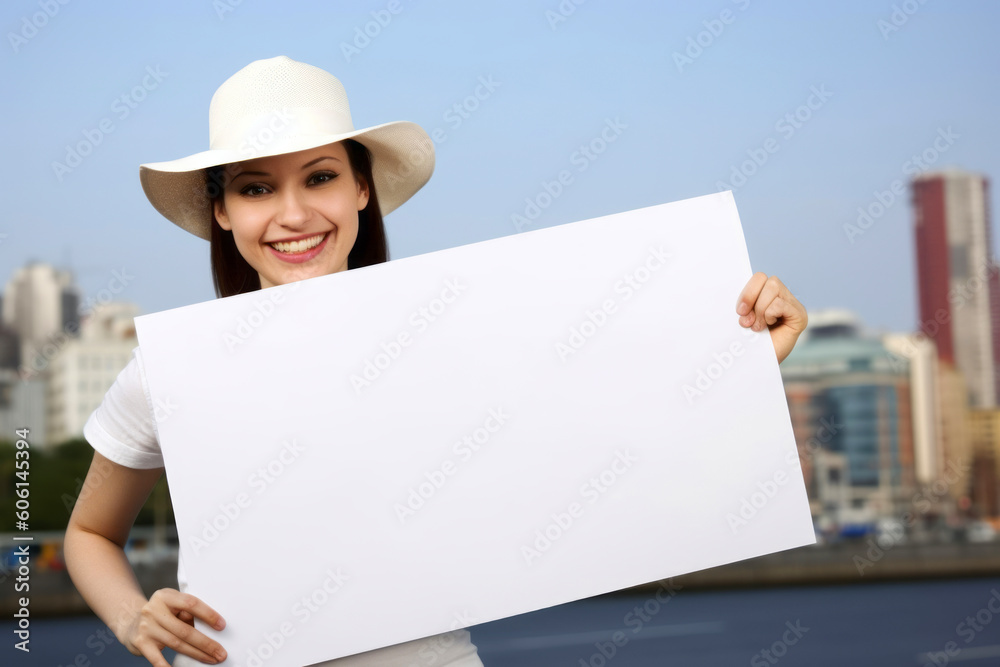 Young woman in white hat with blank paper on the urban city background Young woman in white hat with blank paper on the urban city background