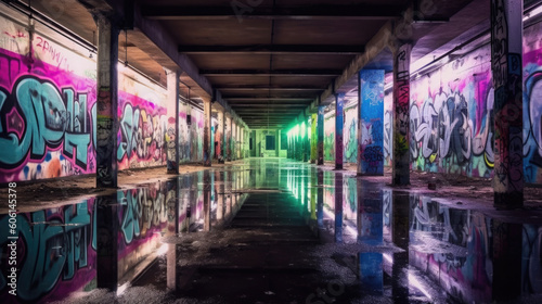 Verlassener Untergrund Tunnel mit Graffiti an den Wänden und beleuchtet