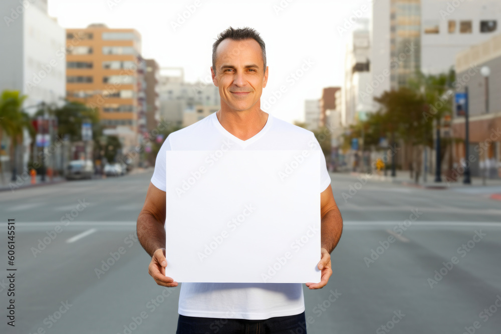 Portrait of handsome mature man holding blank signboard in the city Portrait of handsome mature man holding blank signboard in the city