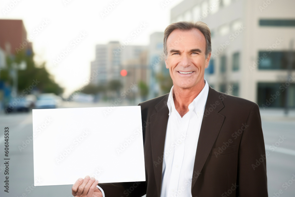 Portrait of a smiling mature businessman holding a blank placard outdoors Portrait of a smiling mature businessman holding a blank placard outdoors