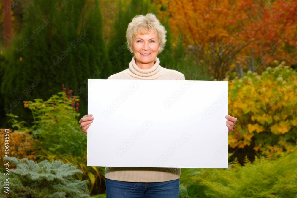 Mature woman holding a blank sign in the garden. Selective focus. Mature woman holding a blank sign in the garden. Selective focus.