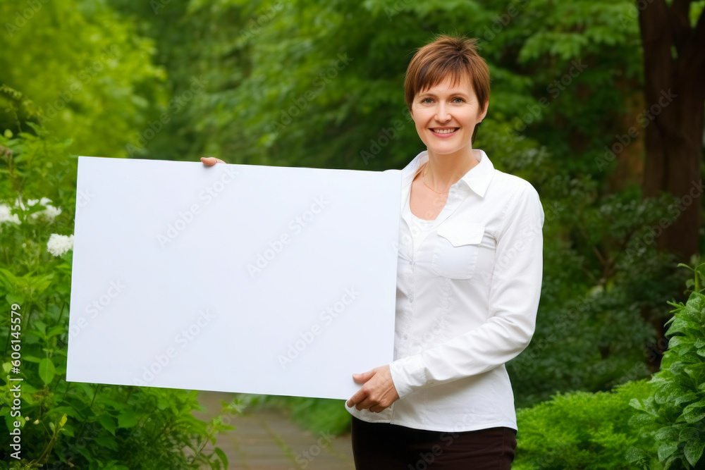 Mature woman holding a blank billboard in the park. Copy space. Mature woman holding a blank billboard in the park. Copy space.