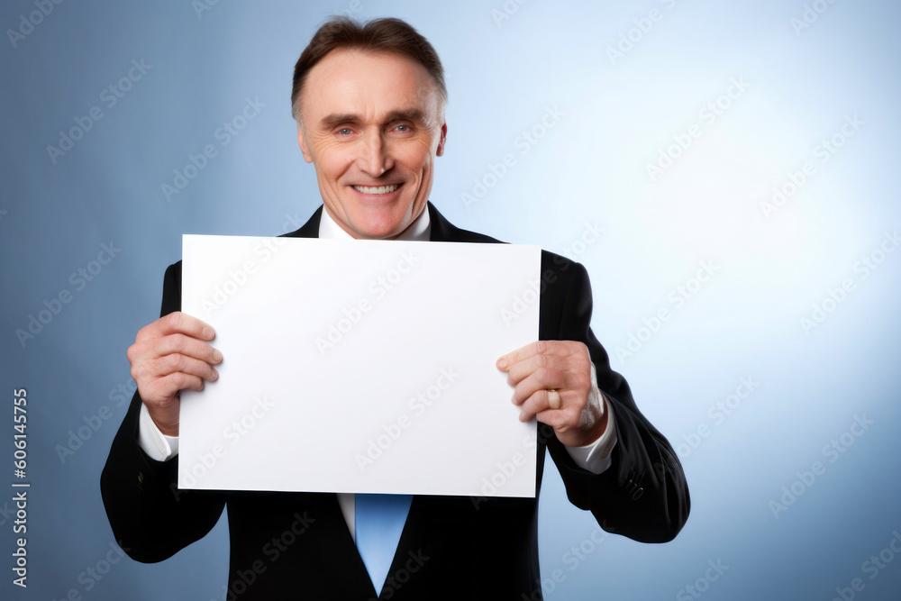Portrait of a smiling mature businessman holding a blank sheet of paper on blue background Portrait of a smiling mature businessman holding a blank sheet of paper on blue background