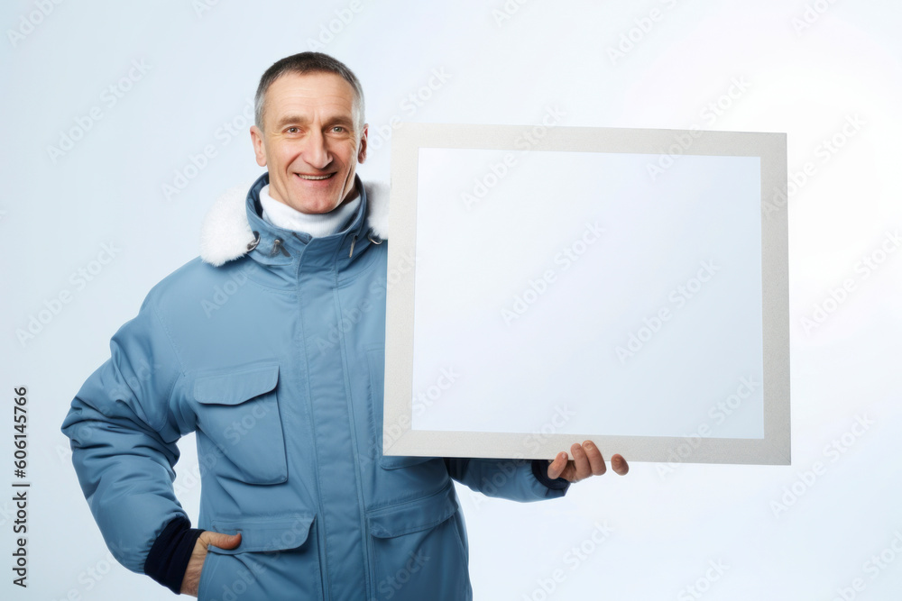Mature man in winter clothes holding a blank white board with copy space Mature man in winter clothes holding a blank white board with copy space