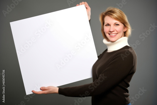 Blond woman holding a blank sheet of paper, on grey background