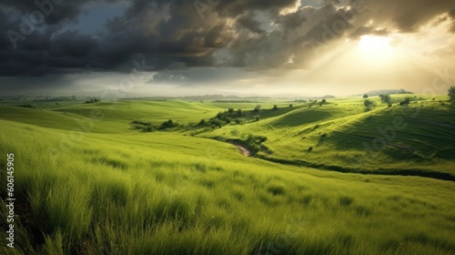 Green grass field landscape. Generative AI © piai