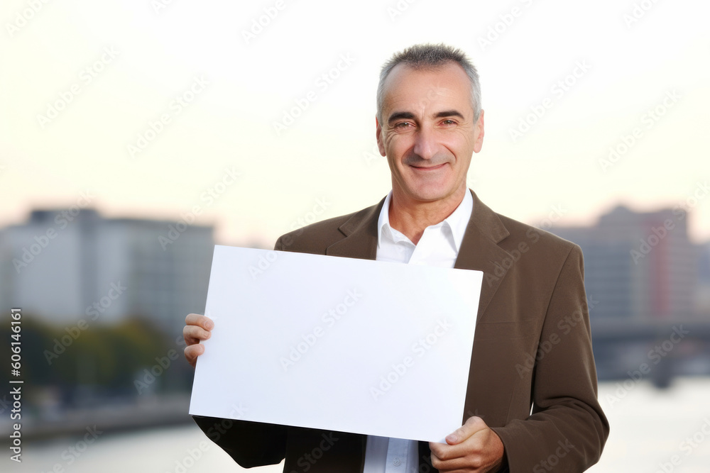 Portrait of a smiling mature businessman holding blank sheet of paper outdoors Portrait of a smiling mature businessman holding blank sheet of paper outdoors