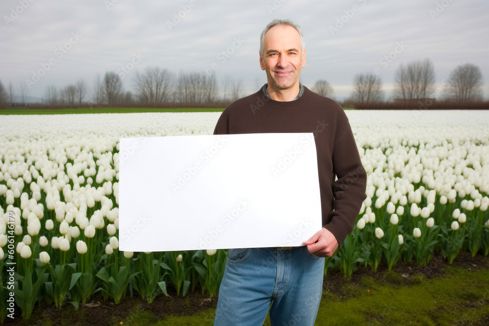 Group portrait photography of a satisfied man in his 50s holding an empty white blank sign poster wearing a cozy sweater against a flower field or tulip field background