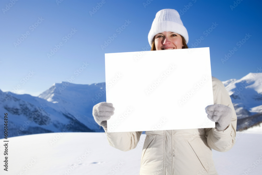 Portrait of smiling woman holding white sheet of paper against snowy mountains Portrait of smiling woman holding white sheet of paper against snowy mountains