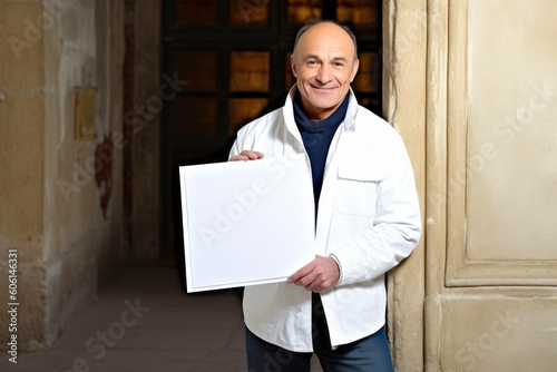 Smiling mature man in white coat holding blank sheet of paper outdoors