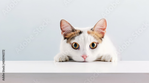 portrait of a peeking cat head. Funny white cat peeking out. Copy Space. Generative AI