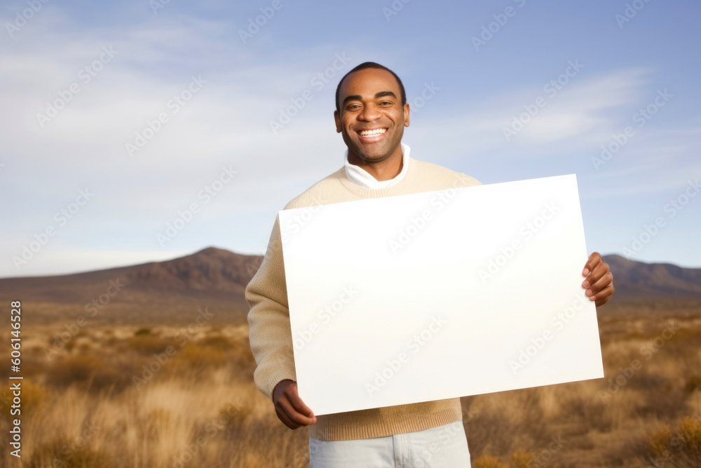 Portrait of a happy african american man holding a blank billboard outdoors Portrait of a happy african american man holding a blank billboard outdoors