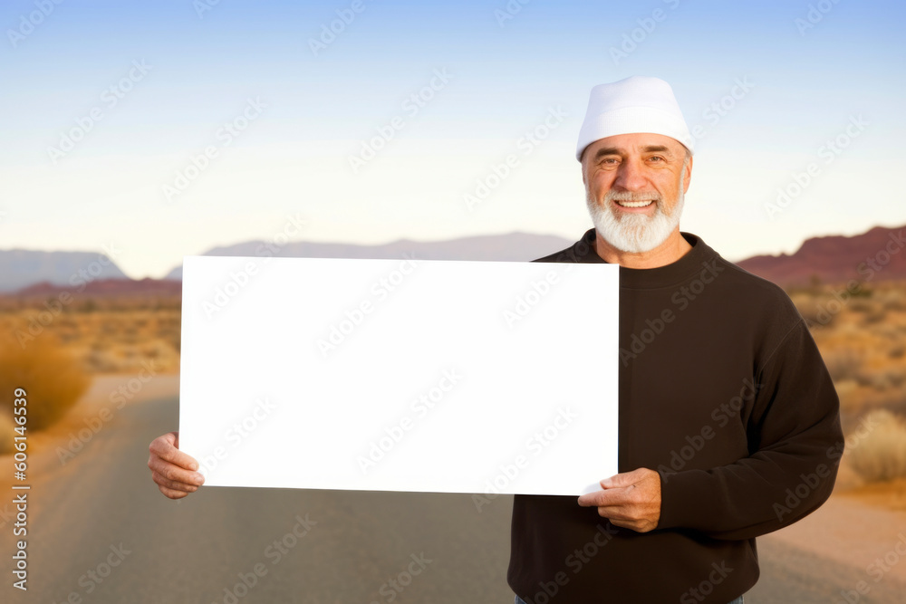 Group portrait photography of a satisfied man in his 50s holding an empty white blank sign poster wearing a warm beanie or knit hat against a desert background Group portrait photography of a satisfied man in his 50s holding an empty white blank sign poster wearing a warm beanie or knit hat against a desert background