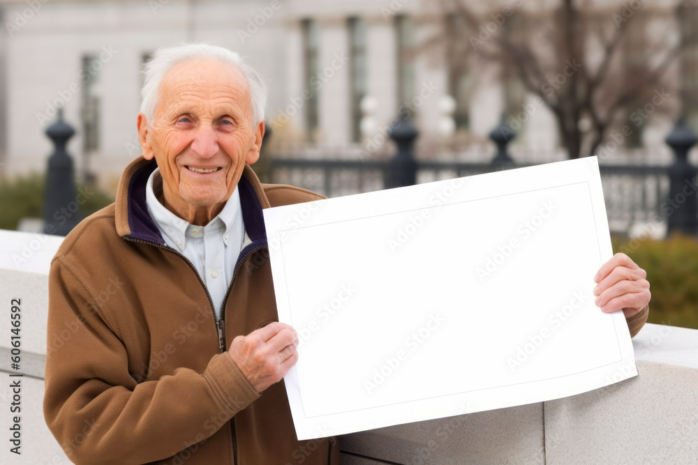 Elderly man holding a signboard and looking at the camera Elderly man holding a signboard and looking at the camera