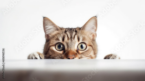 portrait of a peeking cat head. Funny cat peeking out. Copy Space. Generative AI © zamuruev