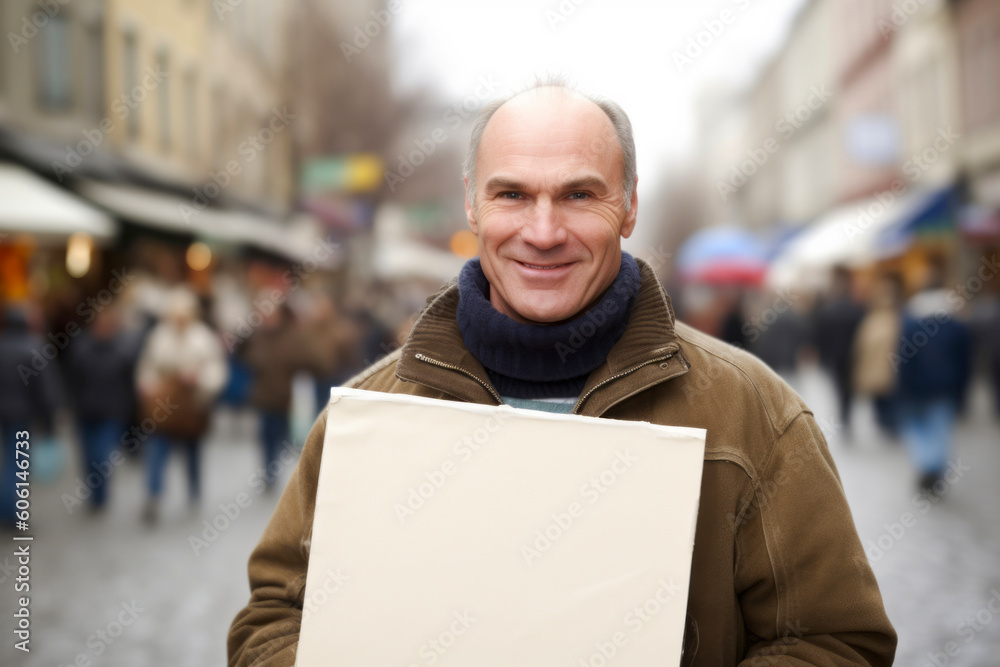 Portrait of middle-aged man with placard on the street Portrait of middle-aged man with placard on the street