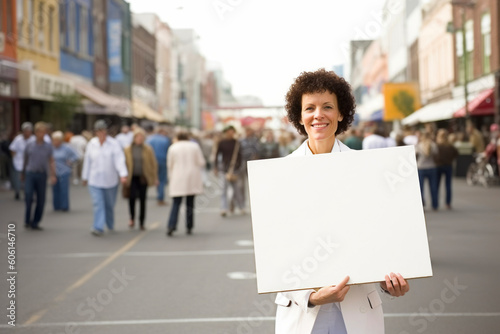 Mature woman holding a blank placard in a busy city street