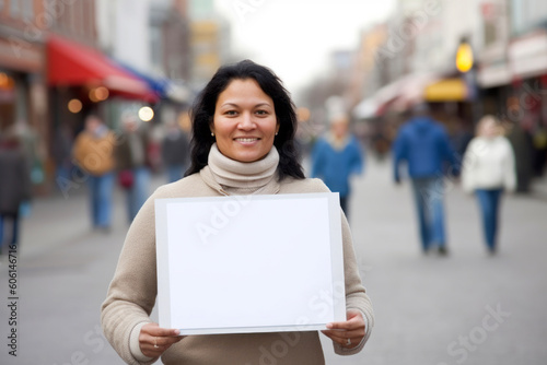 Mature woman holding a blank white board in the city street.