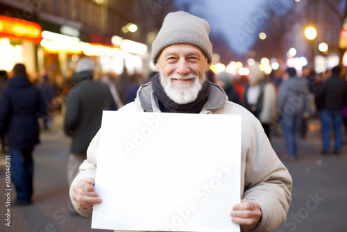 Senior man holding a blank sheet of paper in the city at night