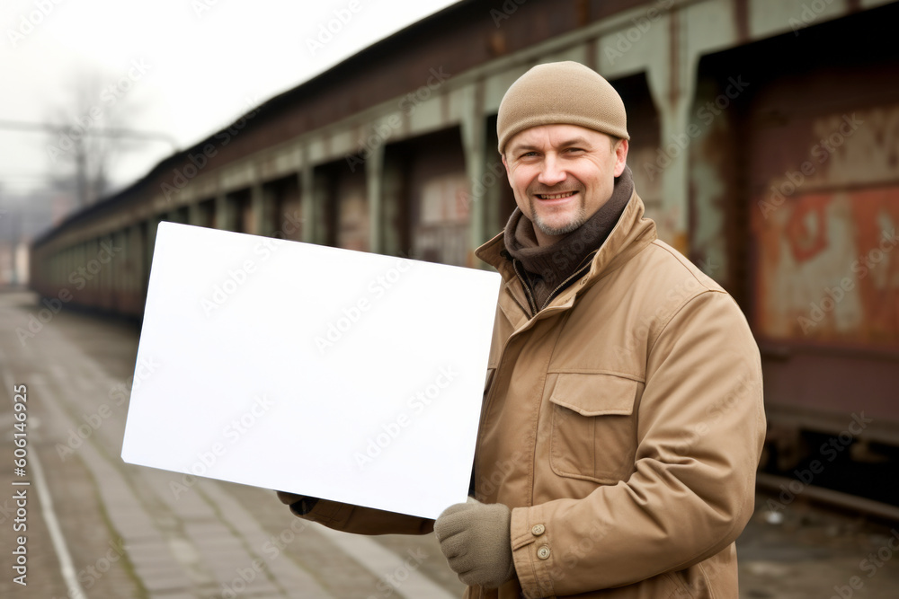 Portrait of a smiling man holding a blank signboard at the train station Portrait of a smiling man holding a blank signboard at the train station