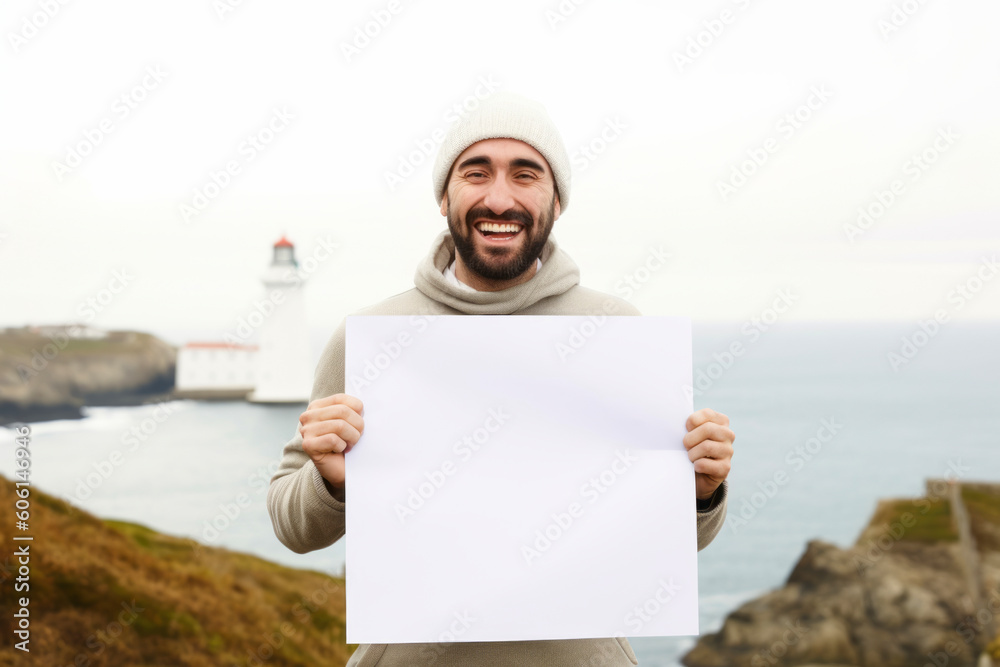 Happy young man holding blank sheet of paper in front of a lighthouse Happy young man holding blank sheet of paper in front of a lighthouse