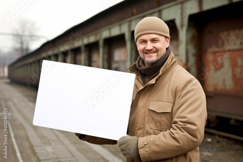Portrait of a smiling man holding a blank signboard at the train station