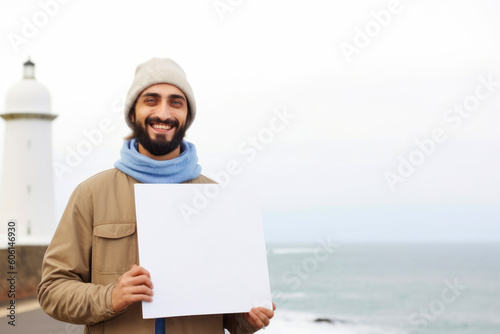 winter, vacation, advertisement and people concept - smiling man in hat and coat with blank white sheet of paper at beach