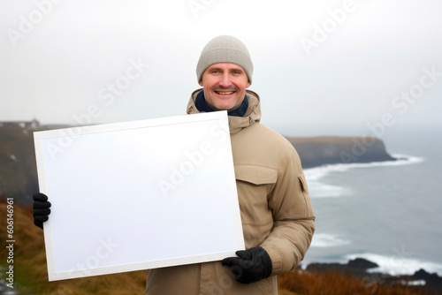 Happy man holding a blank board in front of the ocean on a cold winter day