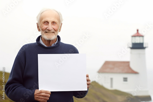 Portrait of senior man holding blank sheet of paper in front of lighthouse