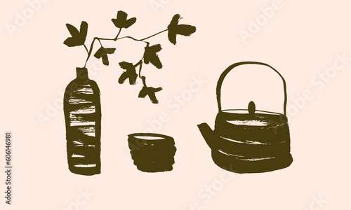 Chinese traditional tea ceremony. Vector. Images of a teapot, a cup and a vase with a branch. Calligraphy, brush, ink, hand drawing, sketch, doodle. Brown, beige. Eps10