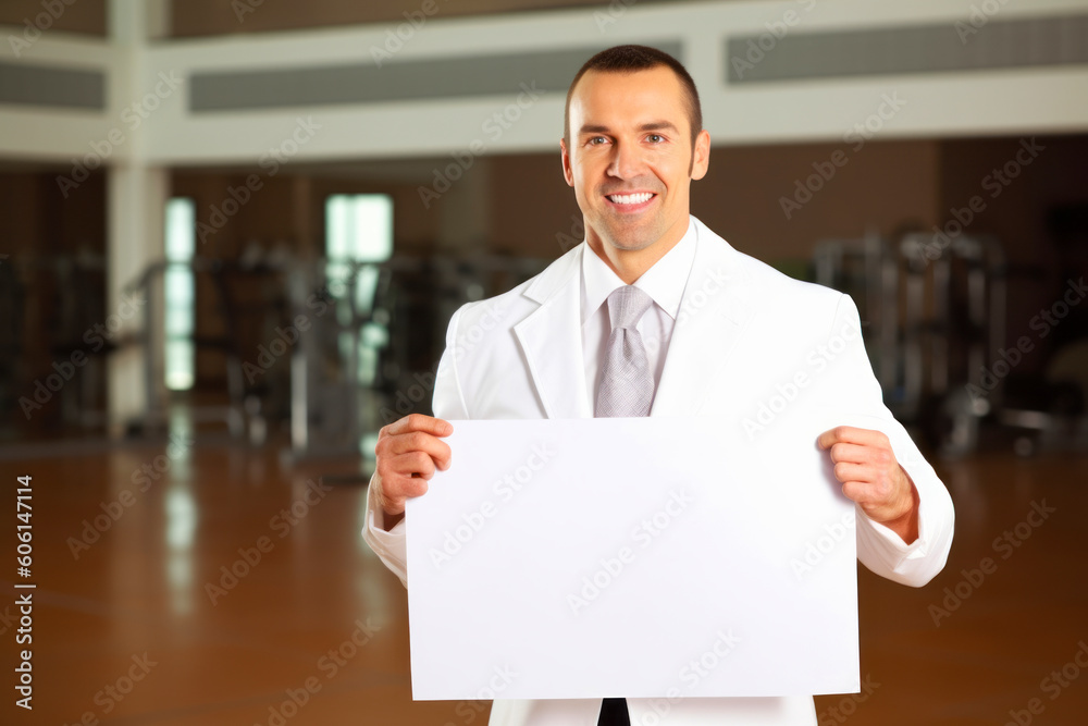 Portrait of a smiling businessman holding a blank sheet of paper in gym Portrait of a smiling businessman holding a blank sheet of paper in gym
