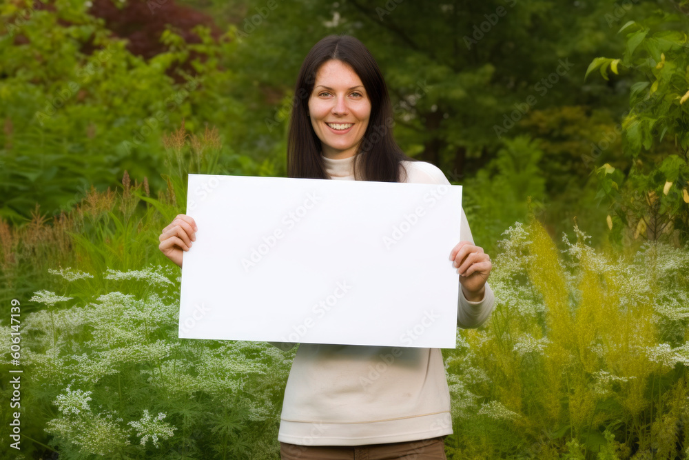 Young woman holding a blank white board in the park. Horizontal shot.