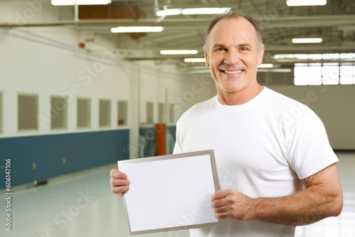 Portrait of smiling senior man holding white sheet of paper in gym