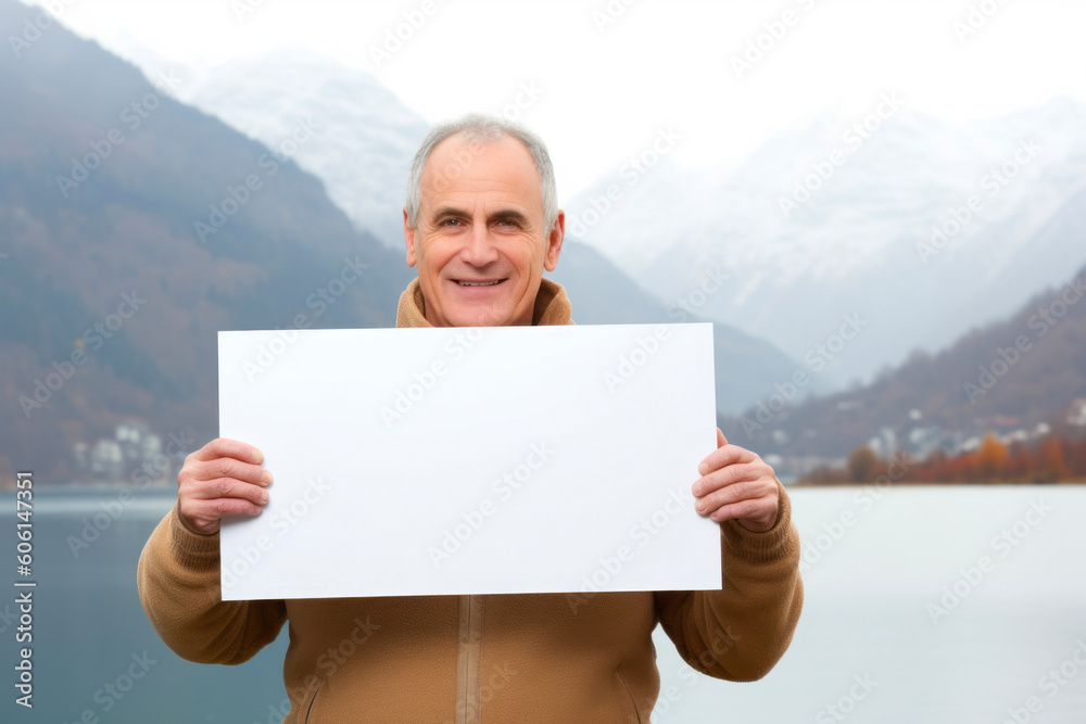 Senior man holding white sheet of paper in front of a mountain lake Senior man holding white sheet of paper in front of a mountain lake