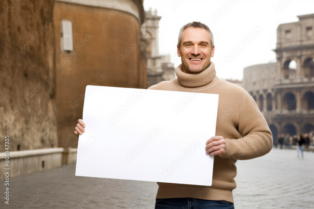 Group portrait photography of a cheerful man in his 40s holding an empty white blank sign poster wearing a cozy sweater against a roman or ancient architecture background Group portrait photography of a cheerful man in his 40s holding an empty white blank sign poster wearing a cozy sweater against a roman or ancient architecture background