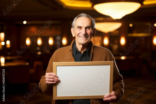 Portrait of an elderly man holding a blank sign in a restaurant