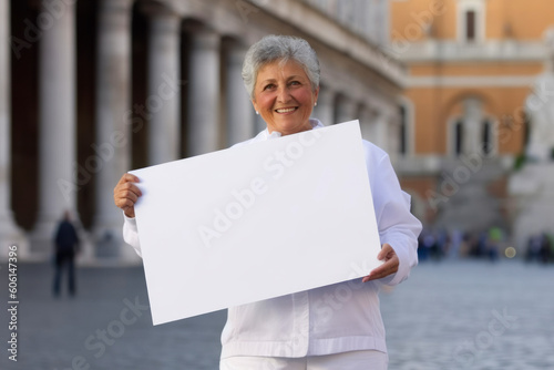 Portrait of happy senior woman with blank card in Rome, Italy
