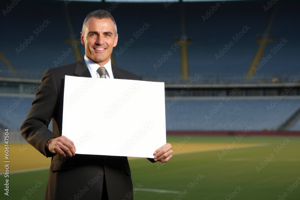 Portrait of a smiling businessman holding a blank sheet of paper at the stadium Portrait of a smiling businessman holding a blank sheet of paper at the stadium