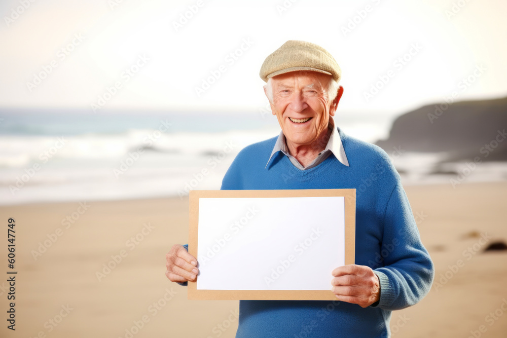 Senior man holding blank placard on the beach, smiling at camera Senior man holding blank placard on the beach, smiling at camera
