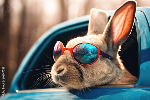 Easter bunny in sunglasses with colorful eggs in the old car Generative Ai
