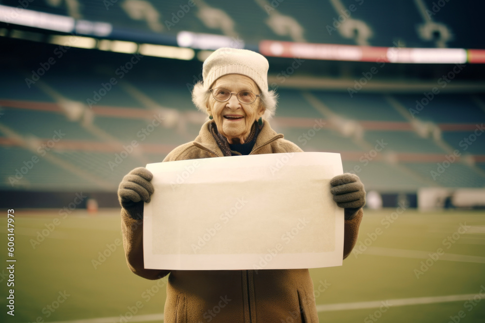 Elderly woman holding a blank sheet of paper in the stadium Elderly woman holding a blank sheet of paper in the stadium