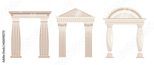 Set of beautiful antique arches in cartoon style. Vector illustration of various ancient Greek columns: Doric, Ionic, Corinthian orders isolated on a white background. Pilasters. Architectural orders.