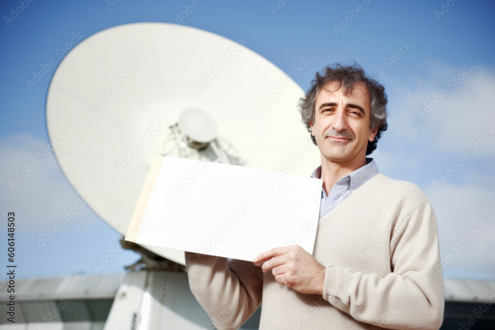 Mature man holding a white card in front of a satellite dish Mature man holding a white card in front of a satellite dish
