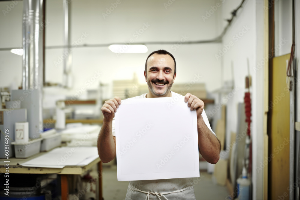 Portrait of happy male worker holding blank sheet of paper in factory