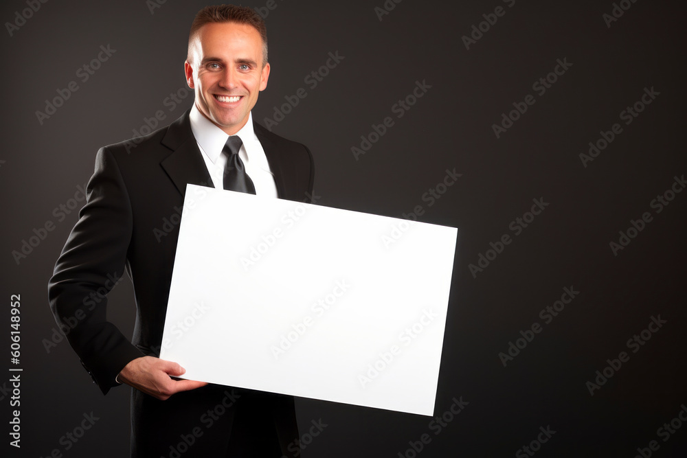 Portrait of a confident young businessman showing presentation, pointing paper placard gray background Portrait of a confident young businessman showing presentation, pointing paper placard gray background
